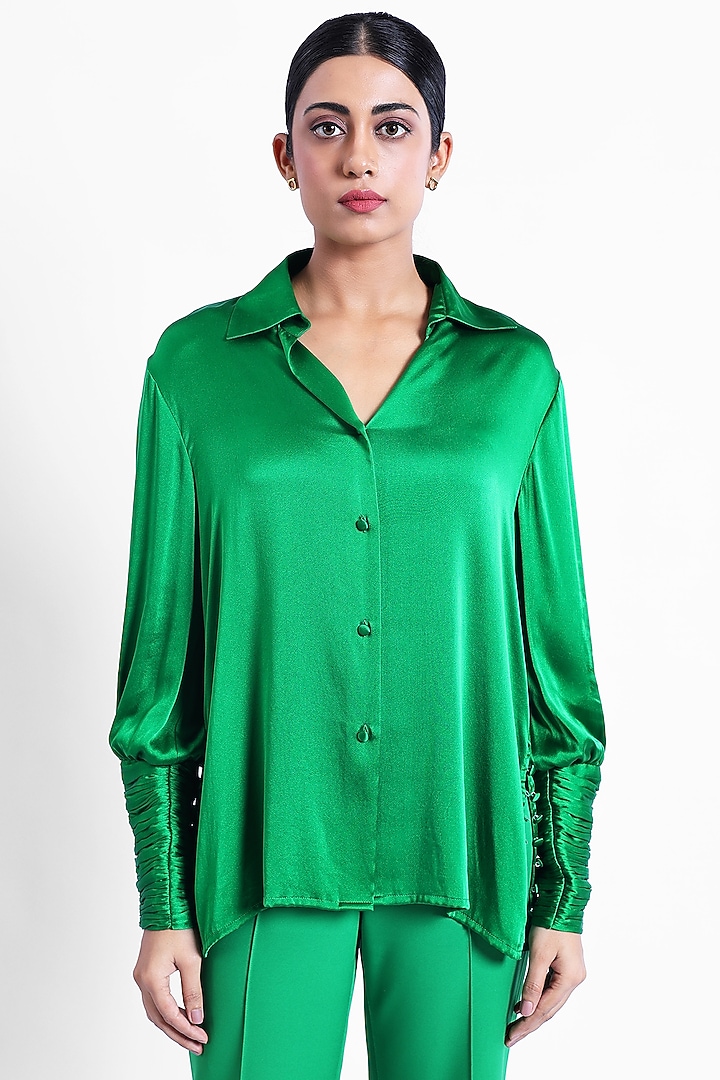 Green Satin Silk Shirt by Sonal Singh at Pernia's Pop Up Shop