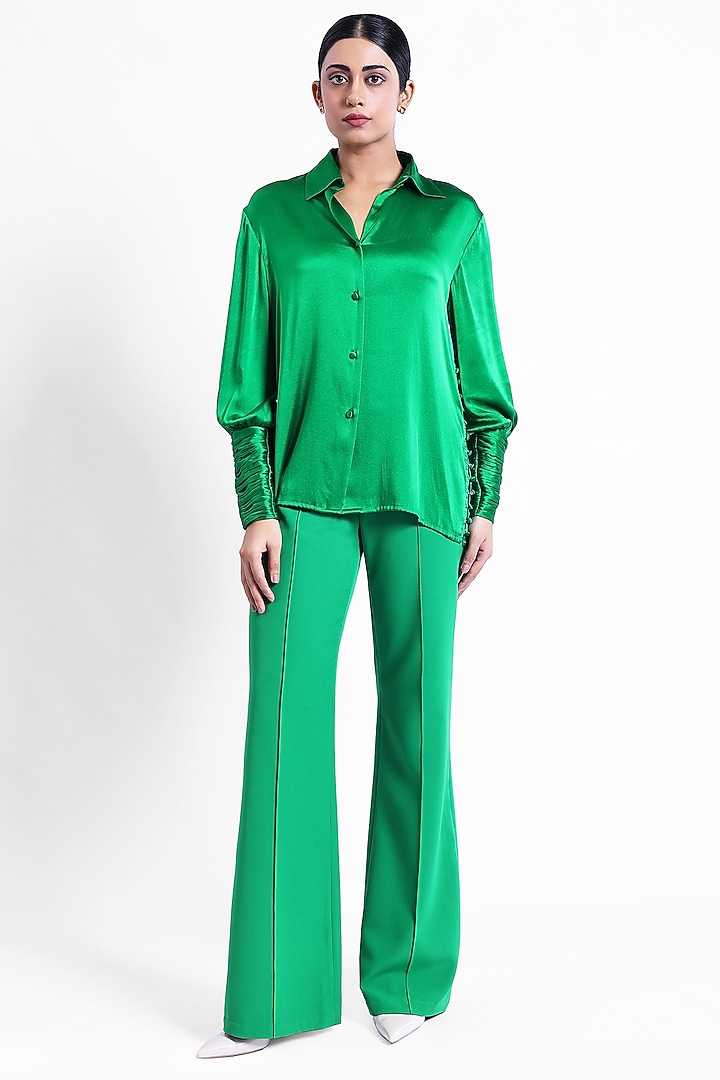 Green Satin Silk Shirt by Sonal Singh at Pernia's Pop Up Shop