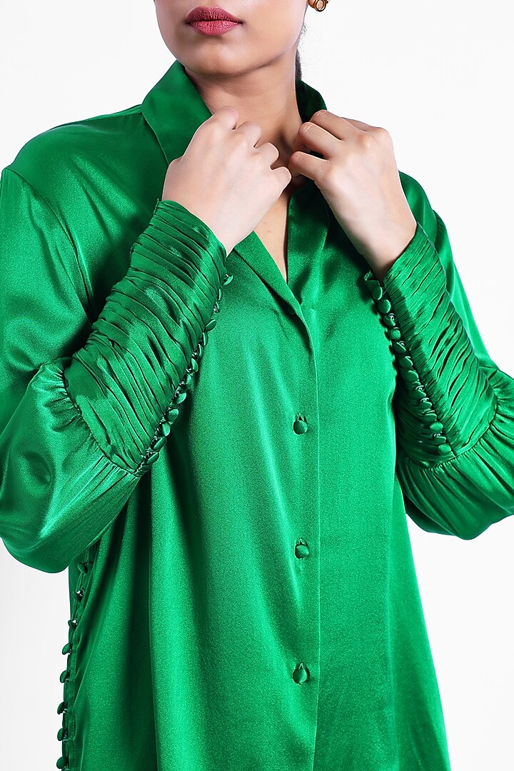 Green Satin Silk Shirt by Sonal Singh at Pernia's Pop Up Shop