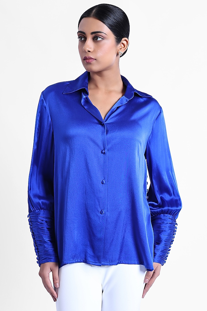 Blue Silk Satin Shirt by Sonal Singh at Pernia's Pop Up Shop