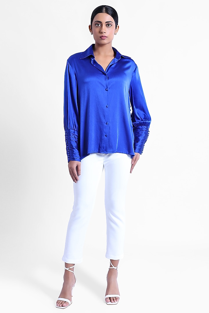 Blue Silk Satin Shirt by Sonal Singh at Pernia's Pop Up Shop
