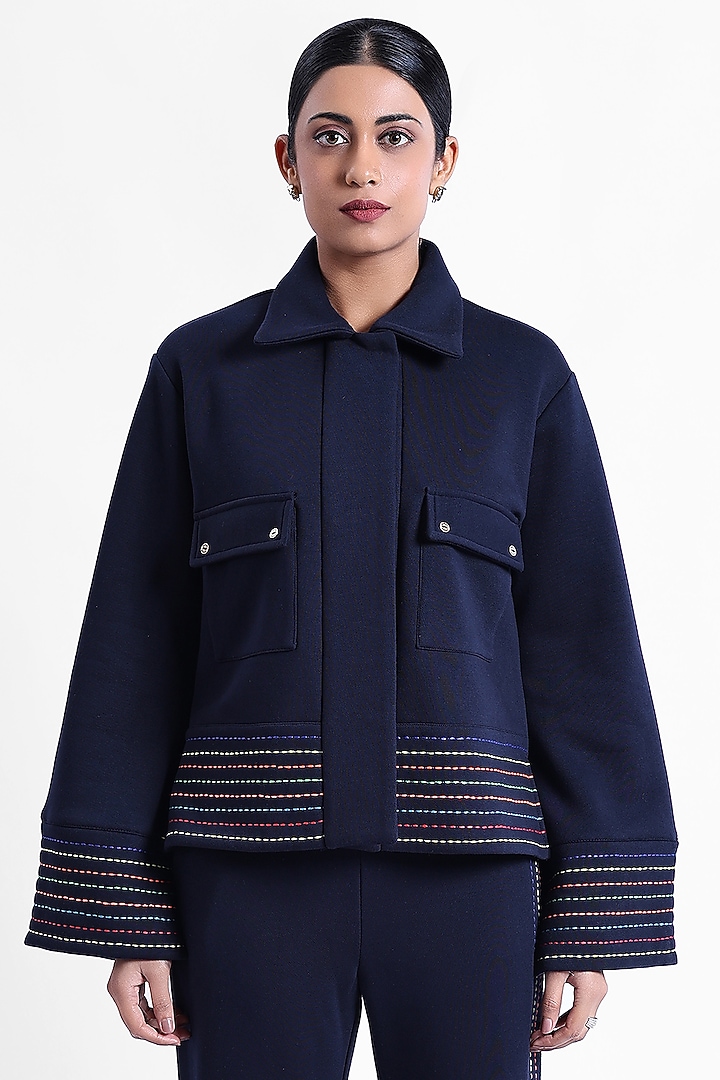 Blue Fleece Fabric Jacket by Sonal Singh at Pernia's Pop Up Shop