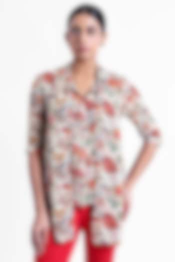 Beige & Red Georgette Printed Front Tie-Up Top by Sonal Singh at Pernia's Pop Up Shop