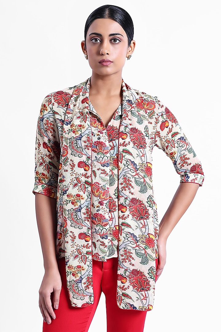 Beige & Red Georgette Printed Front Tie-Up Top by Sonal Singh at Pernia's Pop Up Shop