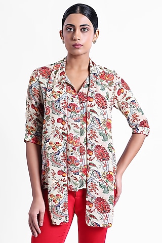 Beige & Red Georgette Printed Front Tie-Up Top by Sonal Singh