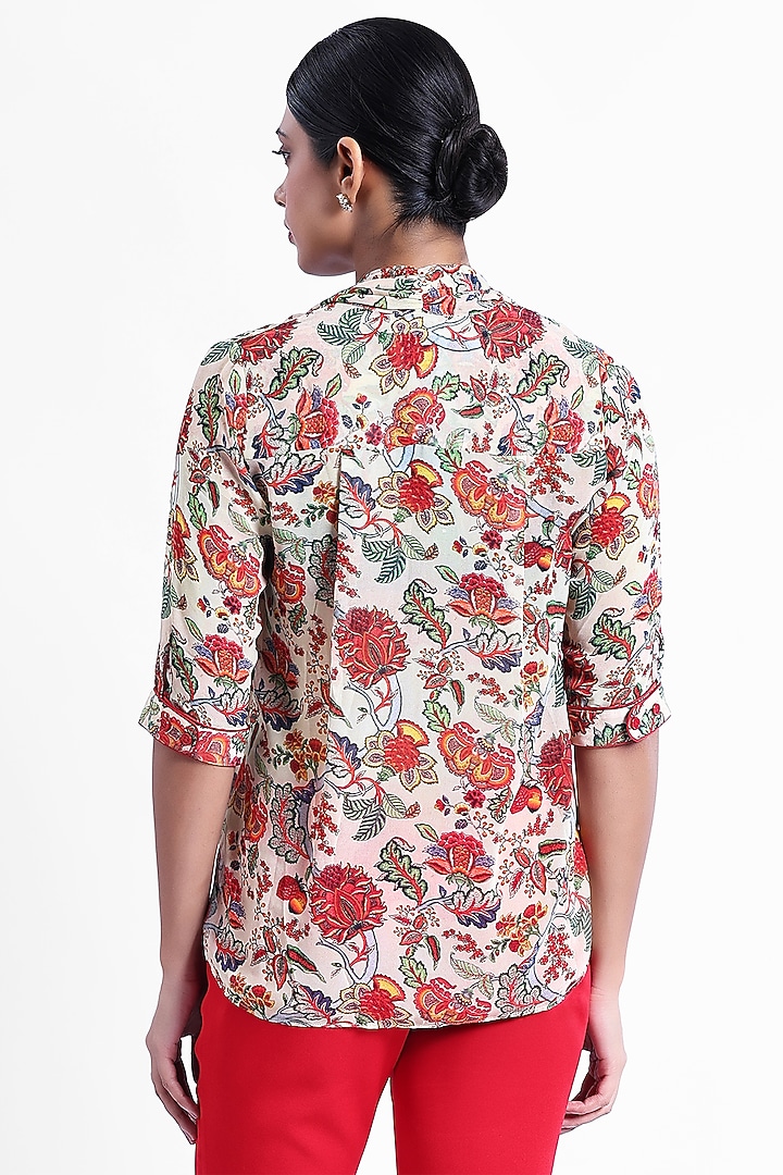 Beige & Red Georgette Printed Front Tie-Up Top by Sonal Singh at Pernia's Pop Up Shop