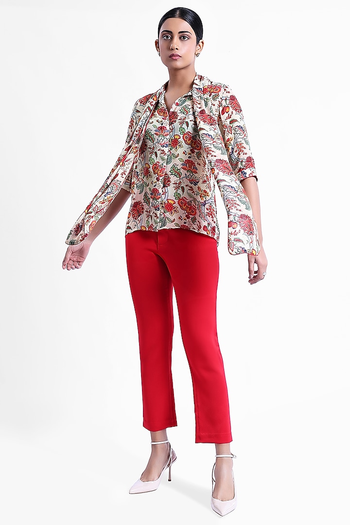 Beige & Red Georgette Printed Front Tie-Up Top by Sonal Singh at Pernia's Pop Up Shop