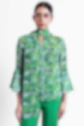 Green Georgette Printed Front Tie-Up Top by Sonal Singh at Pernia's Pop Up Shop