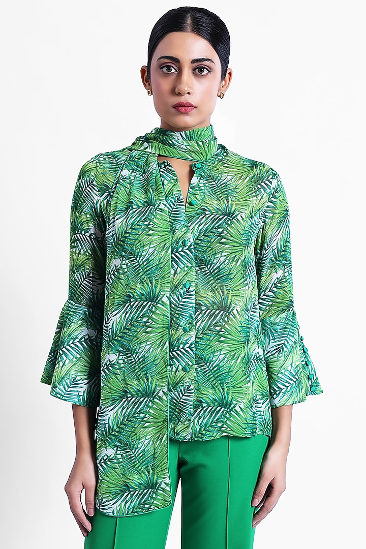 Green Georgette Printed Front Tie-Up Top by Sonal Singh at Pernia's Pop Up Shop