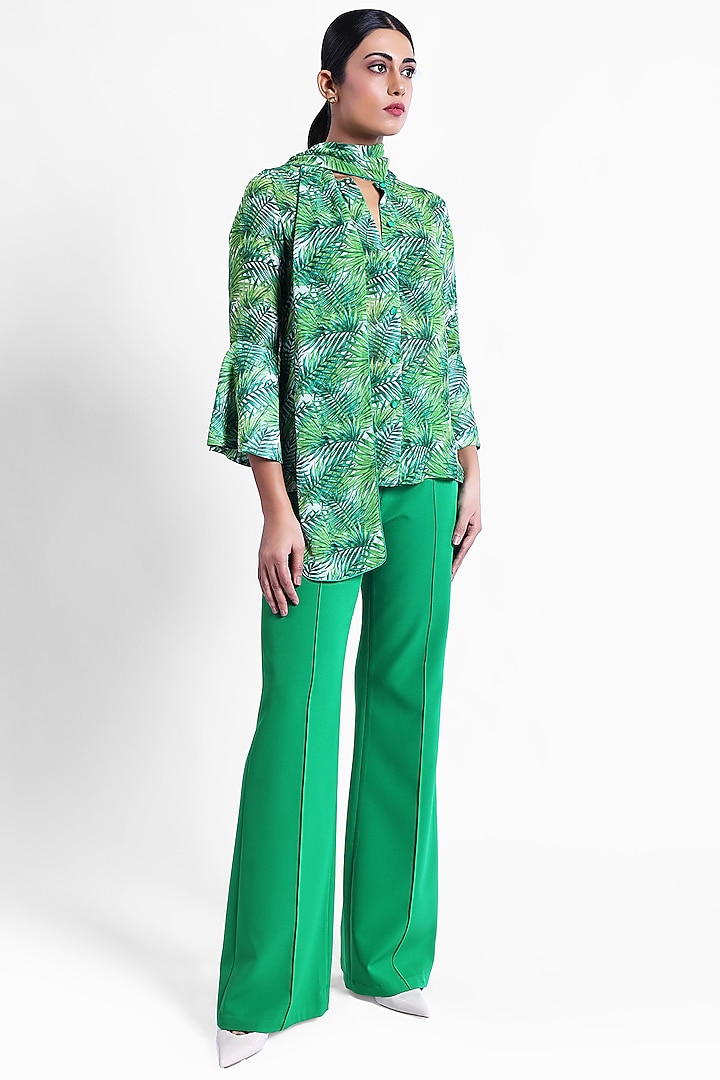 Green Georgette Printed Front Tie-Up Top by Sonal Singh at Pernia's Pop Up Shop