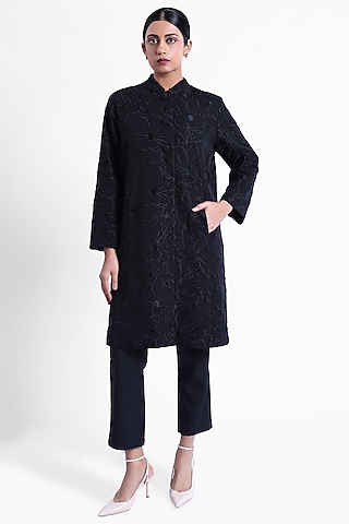 Black Banana Crepe Thread Embroidered Jacket by Sonal Singh