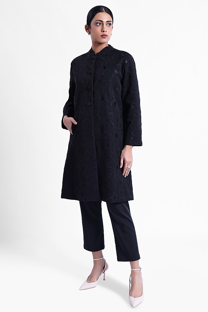 Black Banana Crepe Thread Embroidered Jacket by Sonal Singh at Pernia's Pop Up Shop