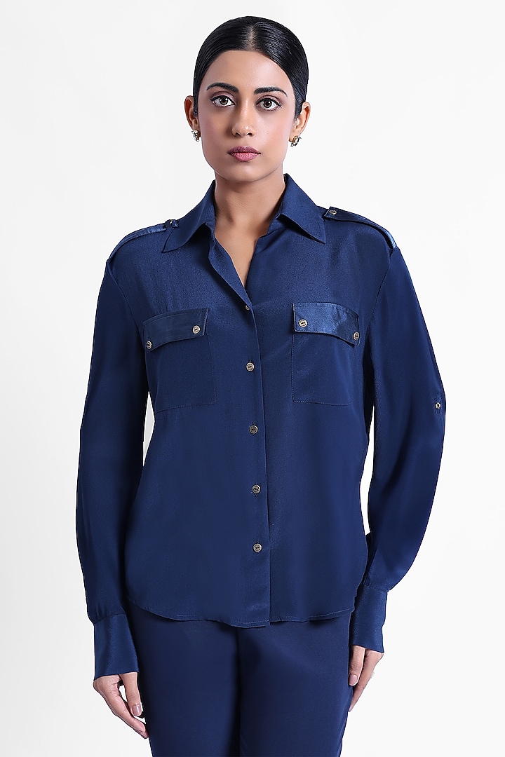 Blue Silk Crepe Shirt by Sonal Singh at Pernia's Pop Up Shop