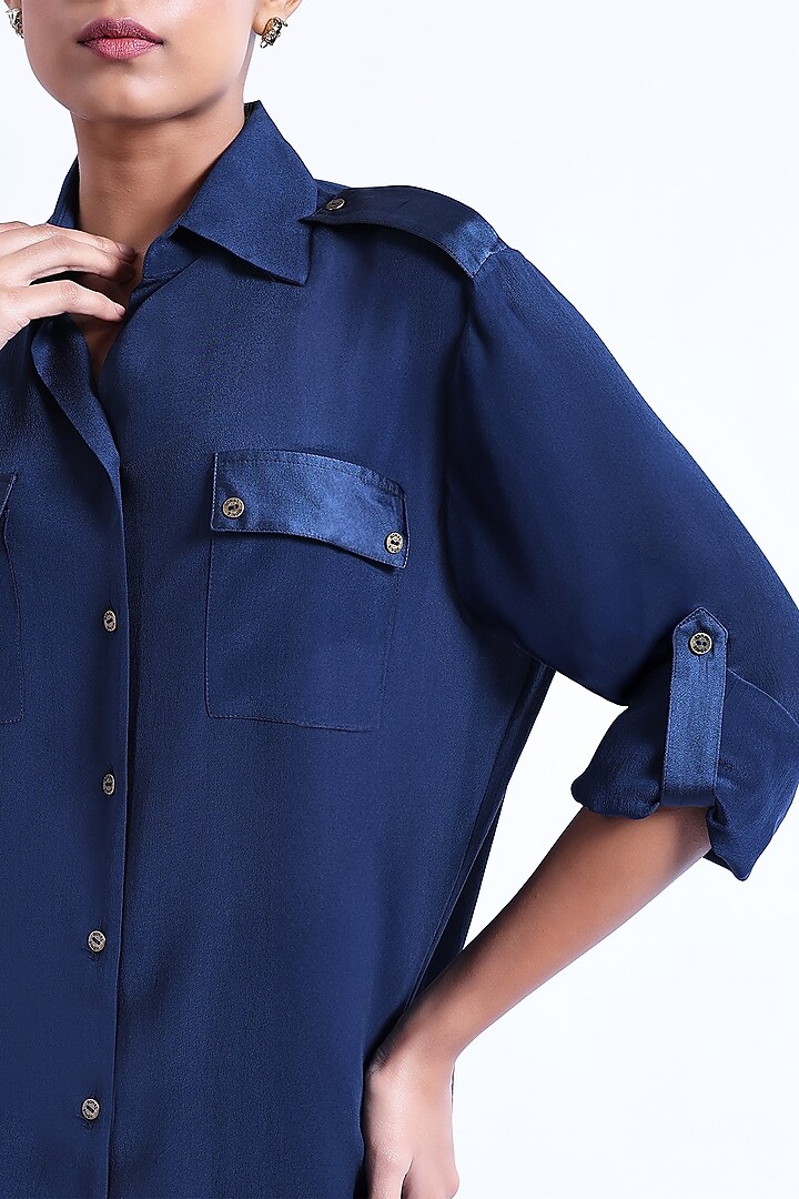 Blue Silk Crepe Shirt by Sonal Singh at Pernia's Pop Up Shop