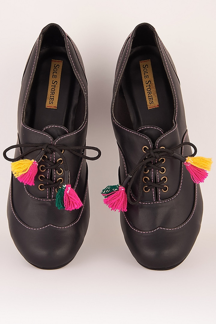 Black Embroidered Block Sandals With Tassels by Sole Stories at Pernia's Pop Up Shop