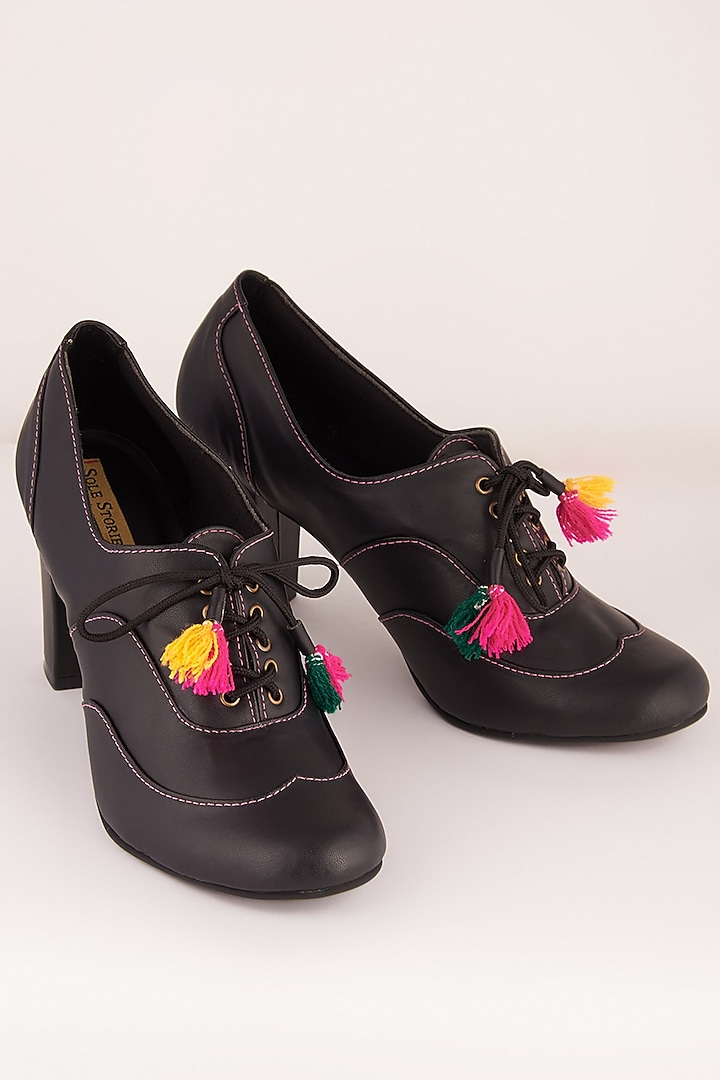 Black Embroidered Block Sandals With Tassels by Sole Stories at Pernia's Pop Up Shop