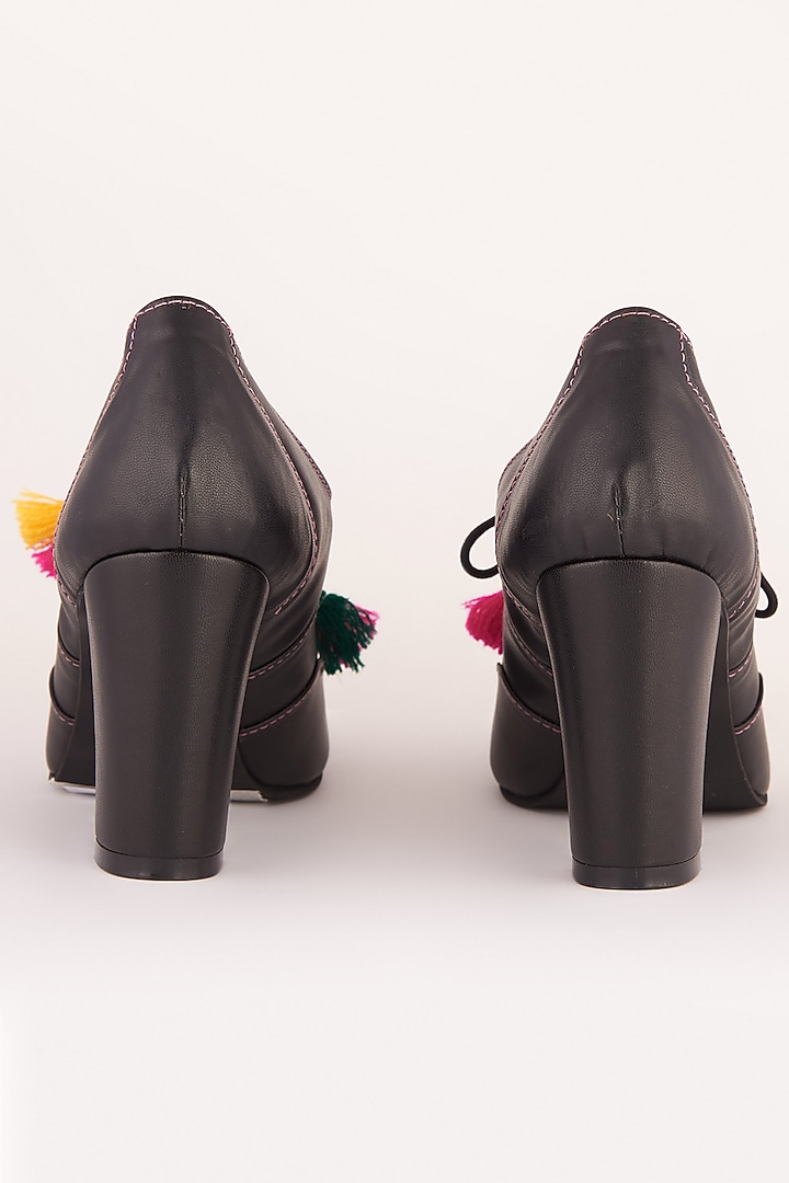 Black Embroidered Block Sandals With Tassels by Sole Stories at Pernia's Pop Up Shop