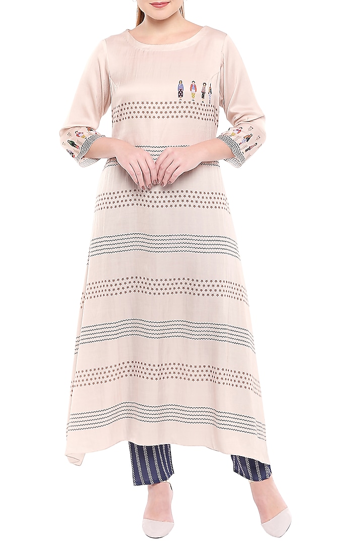 Ivory Printed A-Line Kurta With Cigarette Pants by Label SO US