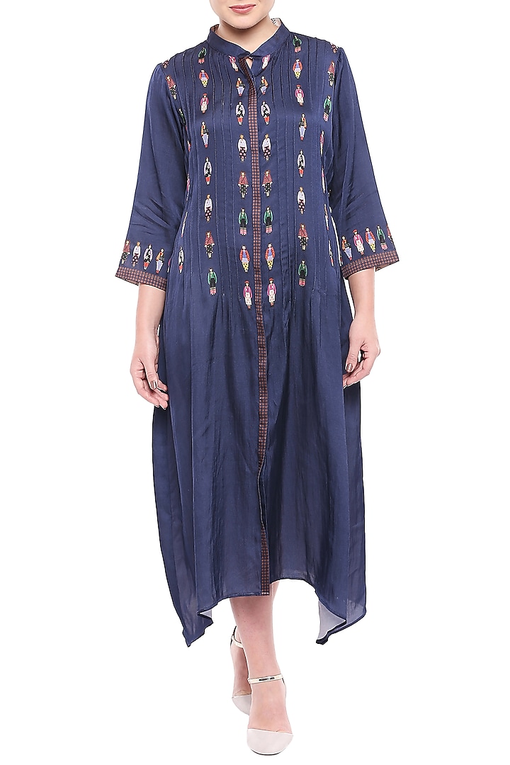 Navy Blue Printed Pintuck Dress by Label SO US