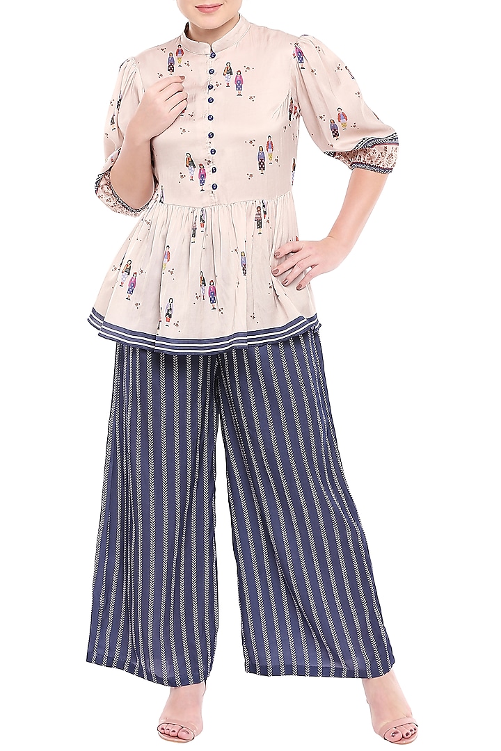Ivory & Blue Printed Peplum Top With Palazzo Pants by Label SO US