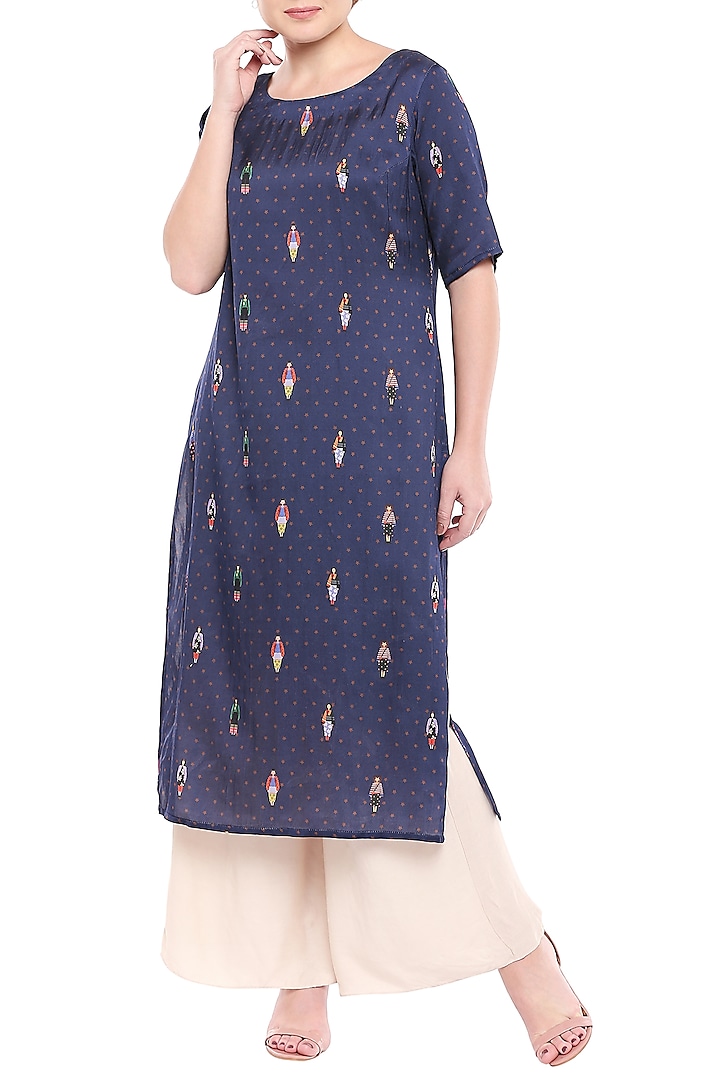 Navy Blue Printed Kurta With Ivory Pants by Label SO US
