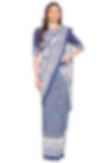 Blue Printed Pre-Stitched Saree Set by Label SO US