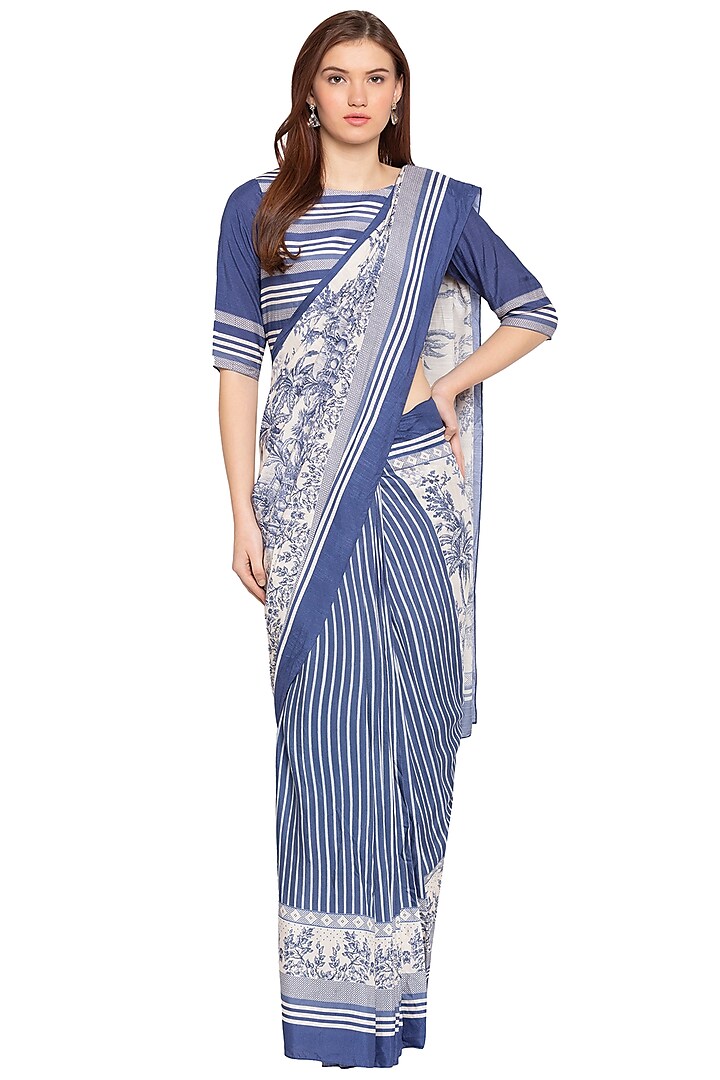 Blue Printed Pre-Stitched Saree Set by Label SO US