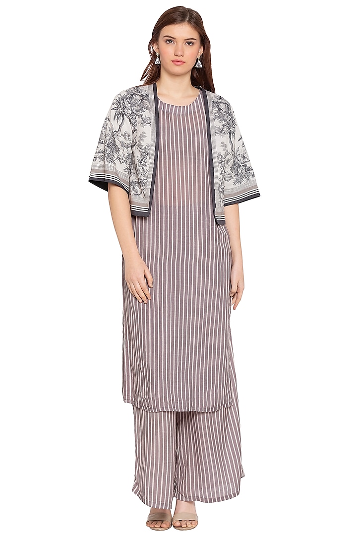 Blue & White Printed Kurta With Palazzo Pants & Jacket by Label SO US