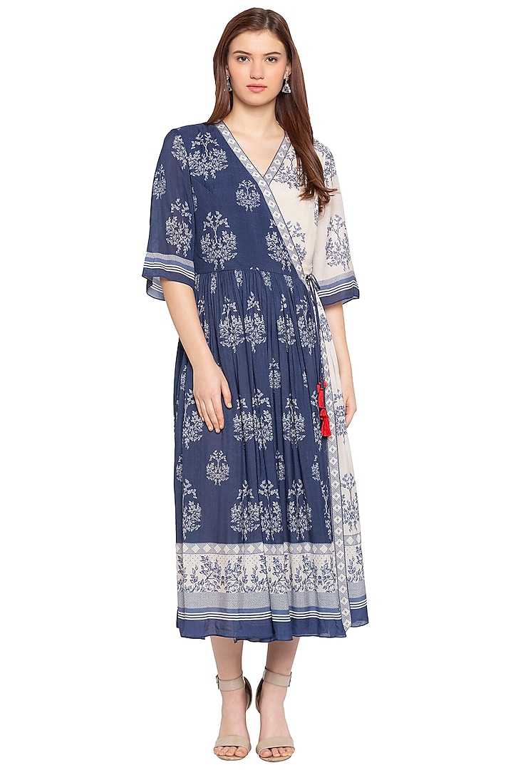 Blue & White Gathered Wrap Dress by Label SO US