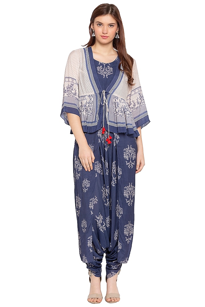 Blue Printed Dhoti Jumpsuit With White Peplum Jacket by Label SO US