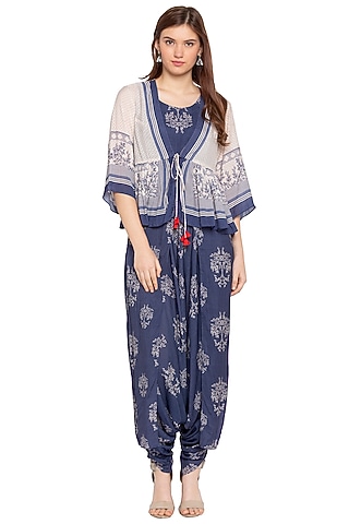 Blue Printed Dhoti Jumpsuit With White Peplum Jacket by Label SO US