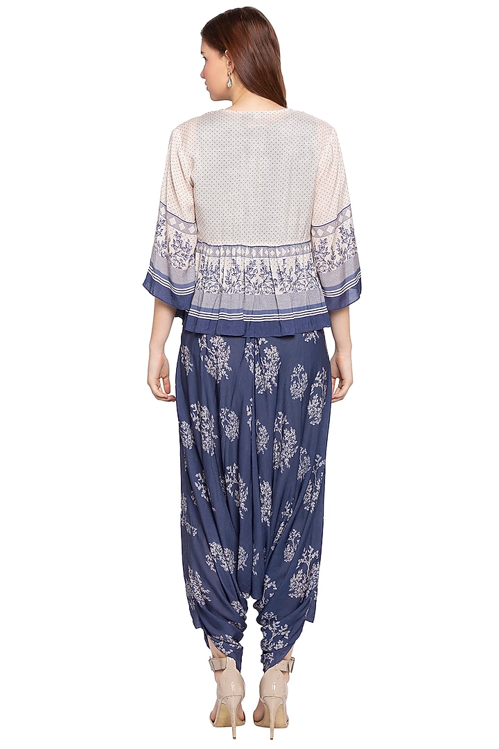 Blue Printed Dhoti Jumpsuit With White Peplum Jacket by Label SO US at Pernia's Pop Up Shop