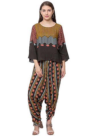 Black Printed Crop Top And Dhoti by Label SO US