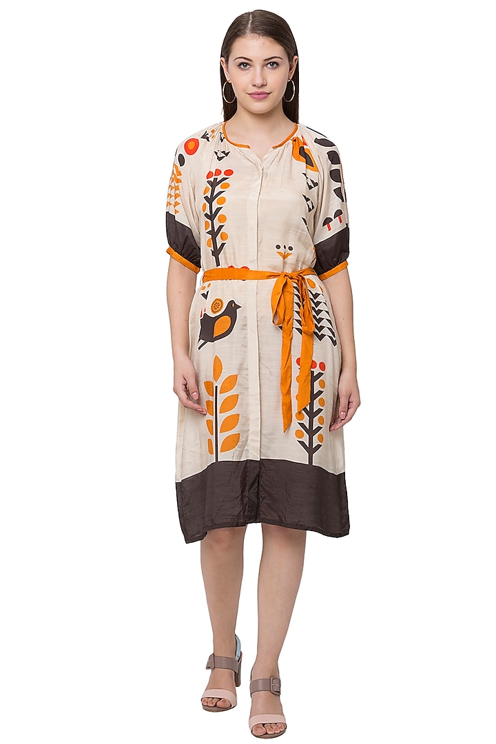 Beige Printed Shirt Dress by Label SO US