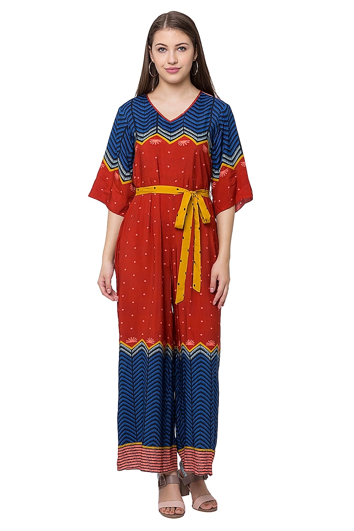 Red & Blue Printed Jumpsuit With Belt by Label SO US
