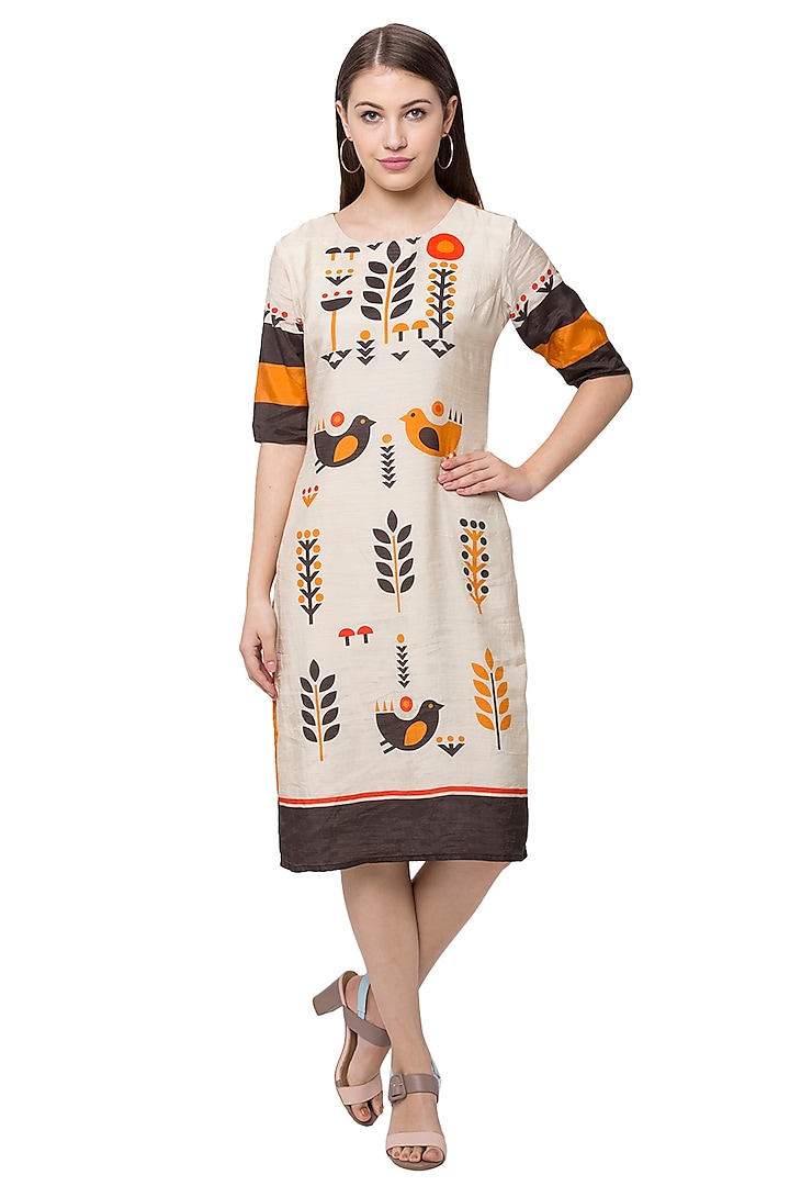 Beige Printed A-Line Dress by Label SO US