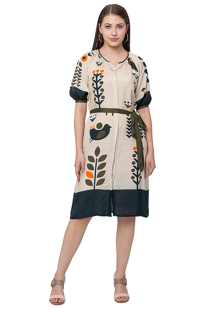 Beige Printed Shirt Dress With Belt by Label SO US