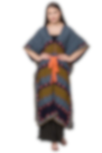 Navy Blue Printed Kaftan With Belt by Label SO US at Pernia's Pop Up Shop