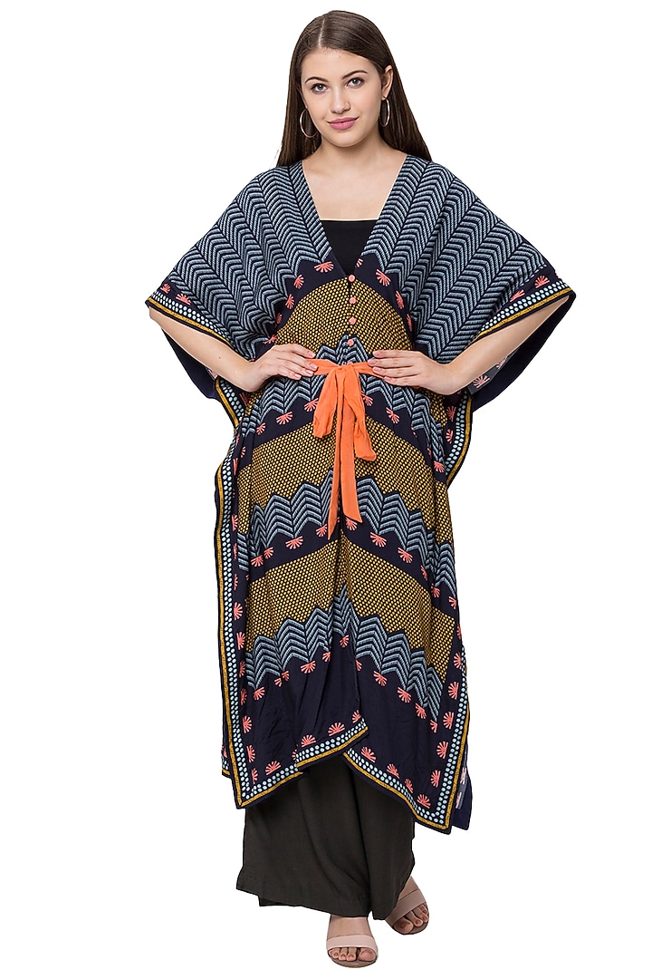 Navy Blue Printed Kaftan With Belt by Label SO US at Pernia's Pop Up Shop