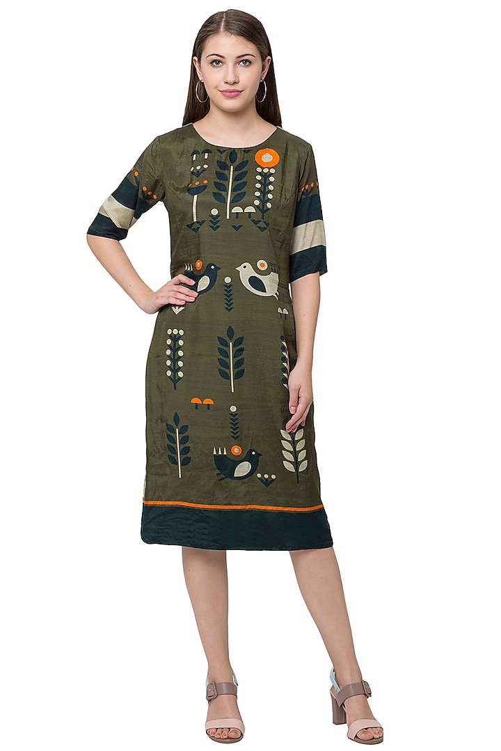 Olive Green Printed A-Line Dress by Label SO US