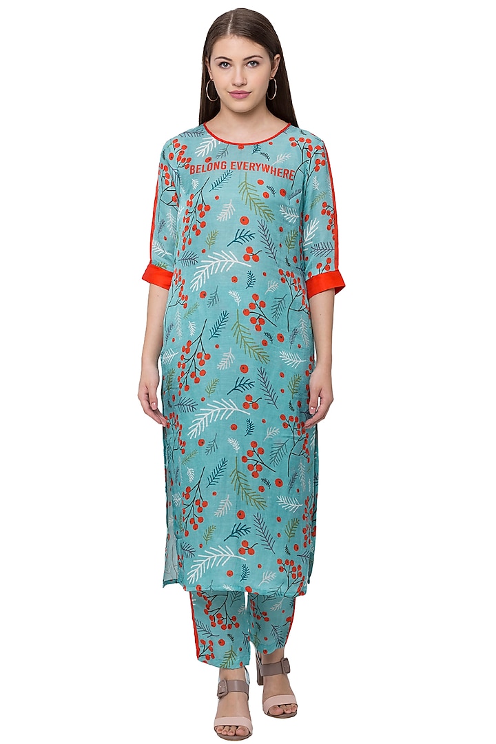 Turquoise Printed Kurta With Pants by SO US By Sougat Paul