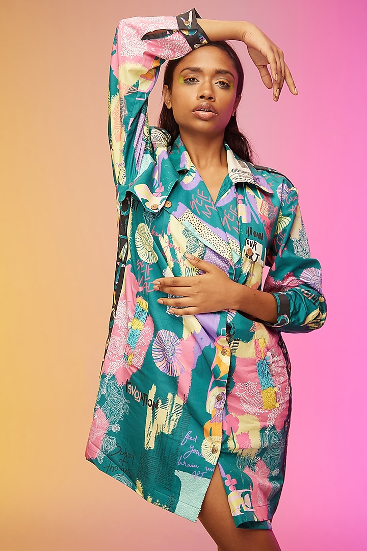 Green Cotton Embellished Summer Shirt Dress by Label SO US at Pernia's Pop Up Shop