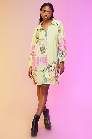 Yellow Cotton Printed Knee Length Dress by Label SO US