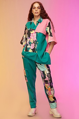Green Cotton Printed Pant Set by Label SO US