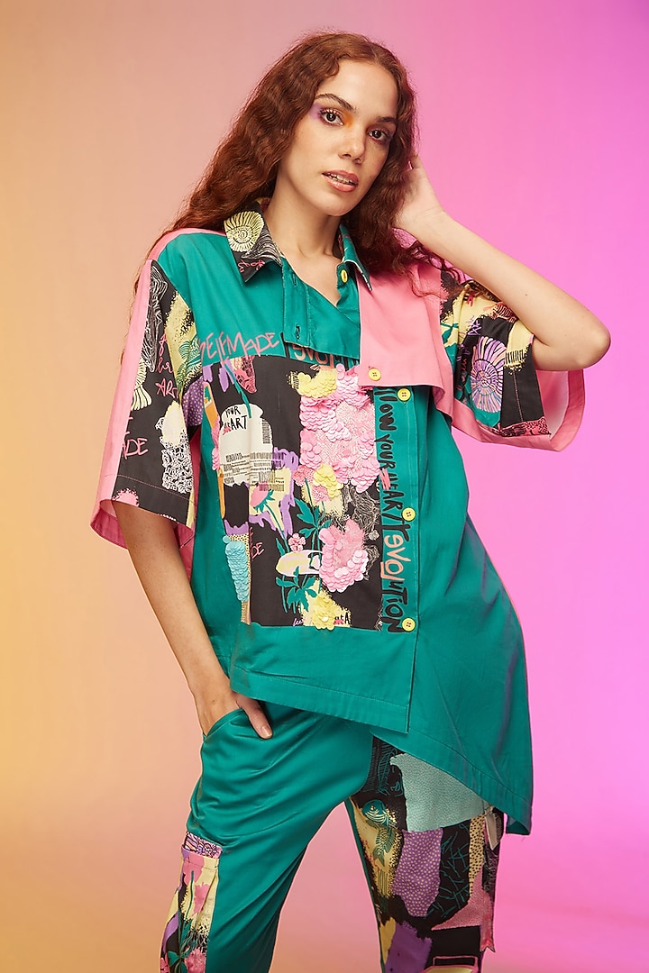 Green Cotton Printed Pant Set by Label SO US at Pernia's Pop Up Shop