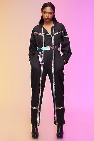 Black Cotton Embellished Jumpsuit by Label SO US