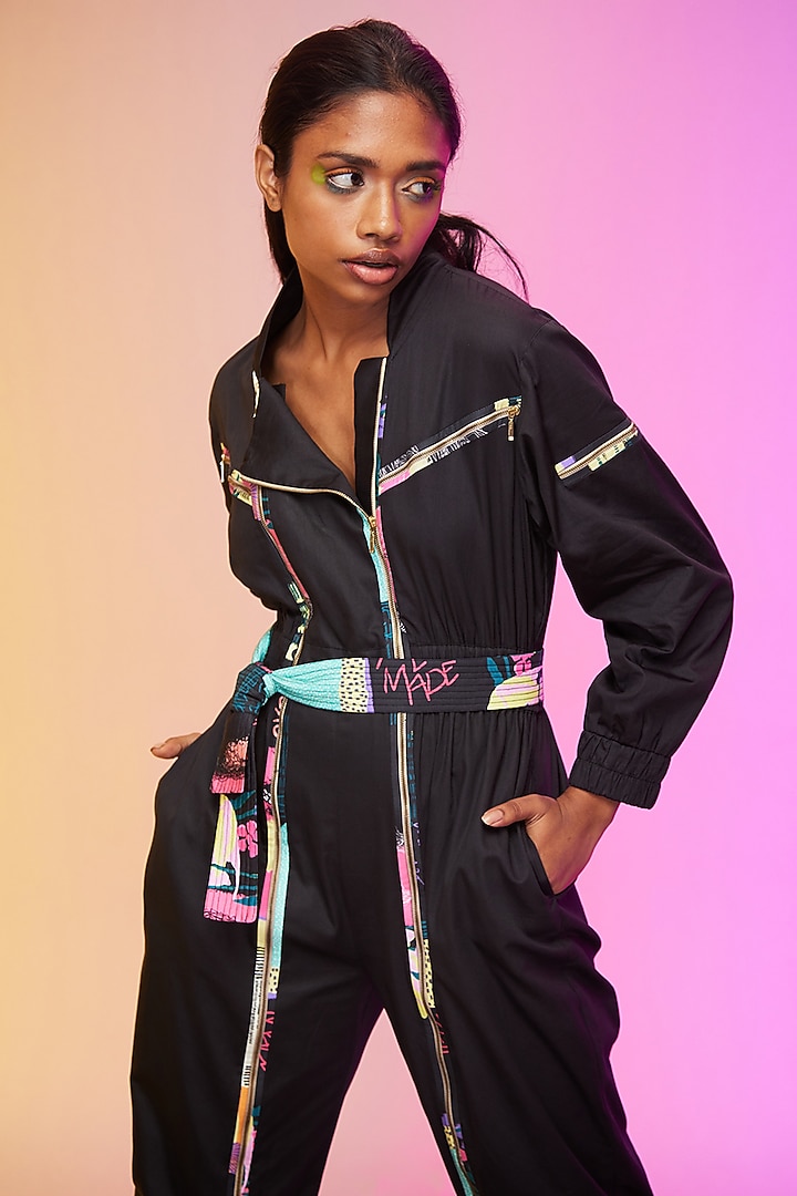 Black Cotton Embellished Jumpsuit by Label SO US at Pernia's Pop Up Shop