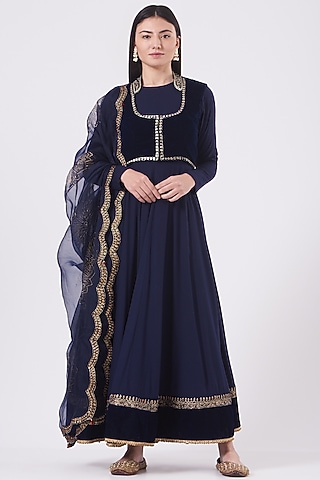 Navy Blue Velvet Embroidered Anarkali Set by Soniya G