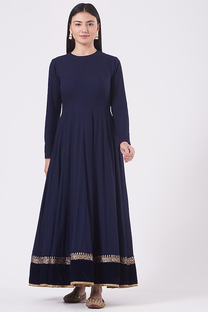Navy Blue Velvet Embroidered Wedding Anarkali Set by Soniya G at Pernia's Pop Up Shop