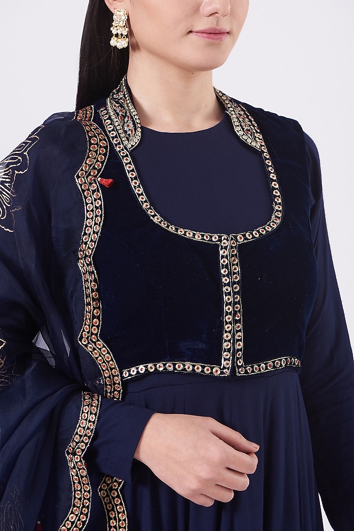 Navy Blue Velvet Embroidered Wedding Anarkali Set by Soniya G at Pernia's Pop Up Shop